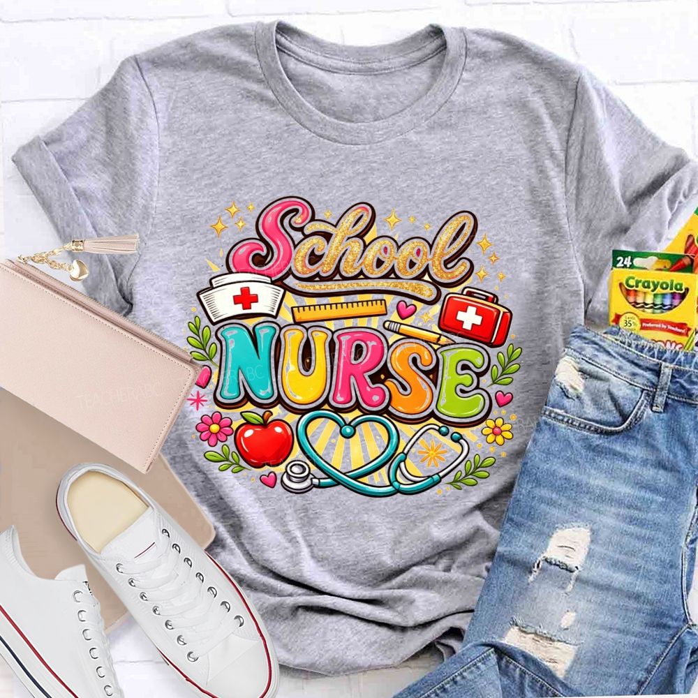 School Nurse Graphic Stethoscope Nurse Cap Apple T-shirt