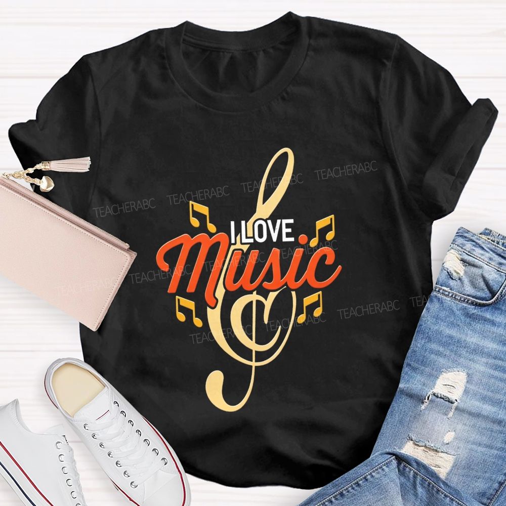 I Love Music Treble Clef Musical Notes Golden Graphic Sublimation T-shirt