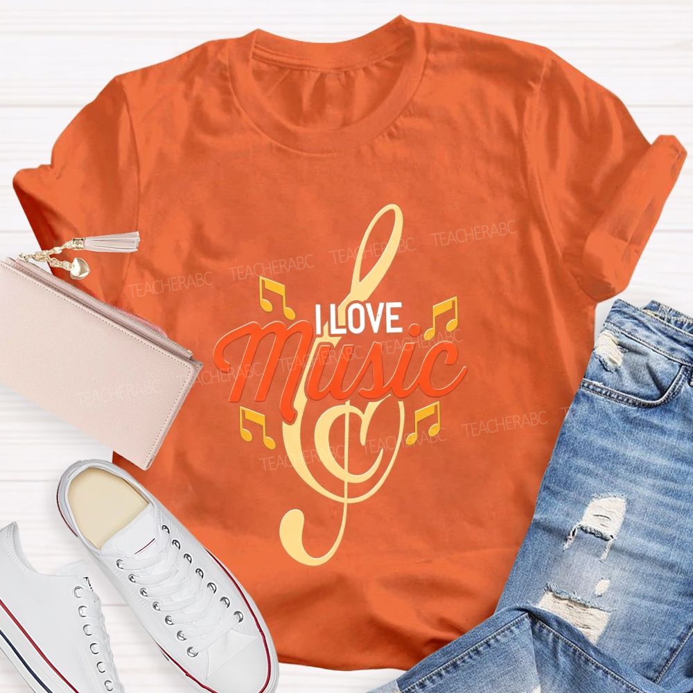 I Love Music Treble Clef Musical Notes Golden Graphic Sublimation T-shirt