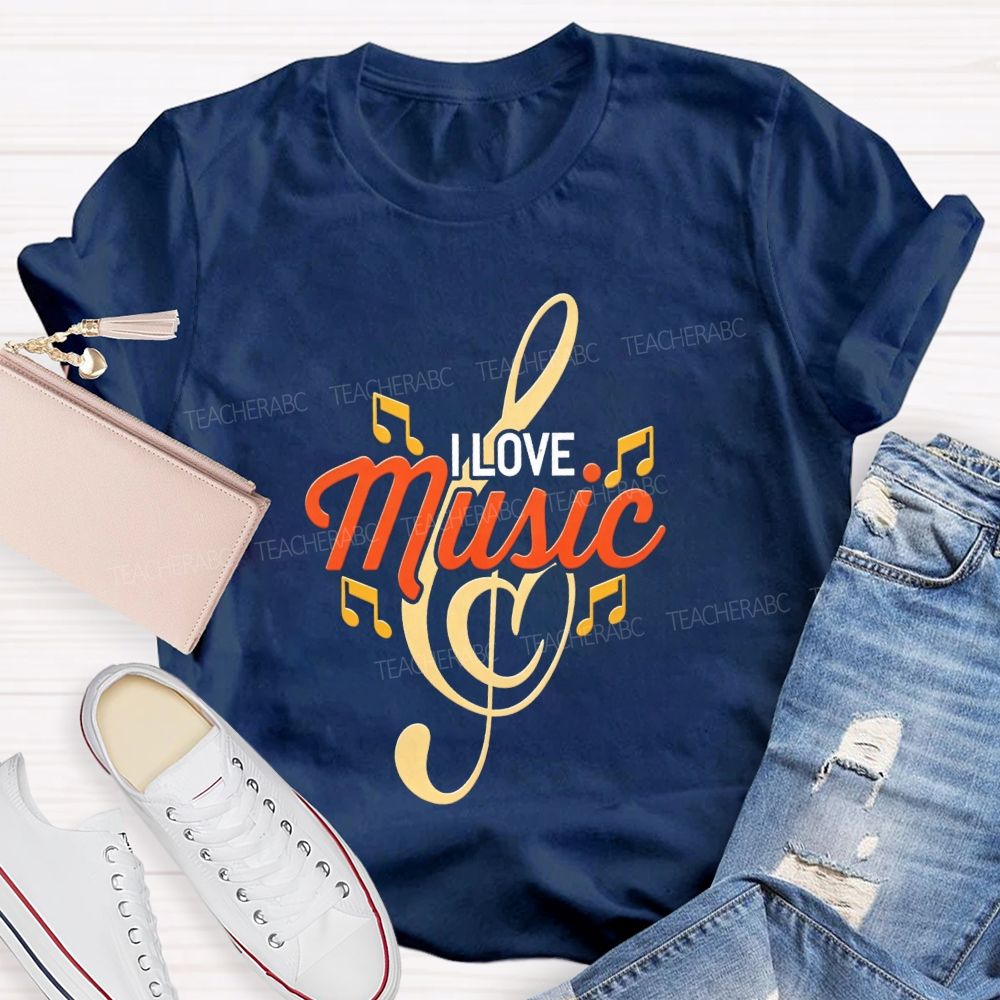 I Love Music Treble Clef Musical Notes Golden Graphic Sublimation T-shirt