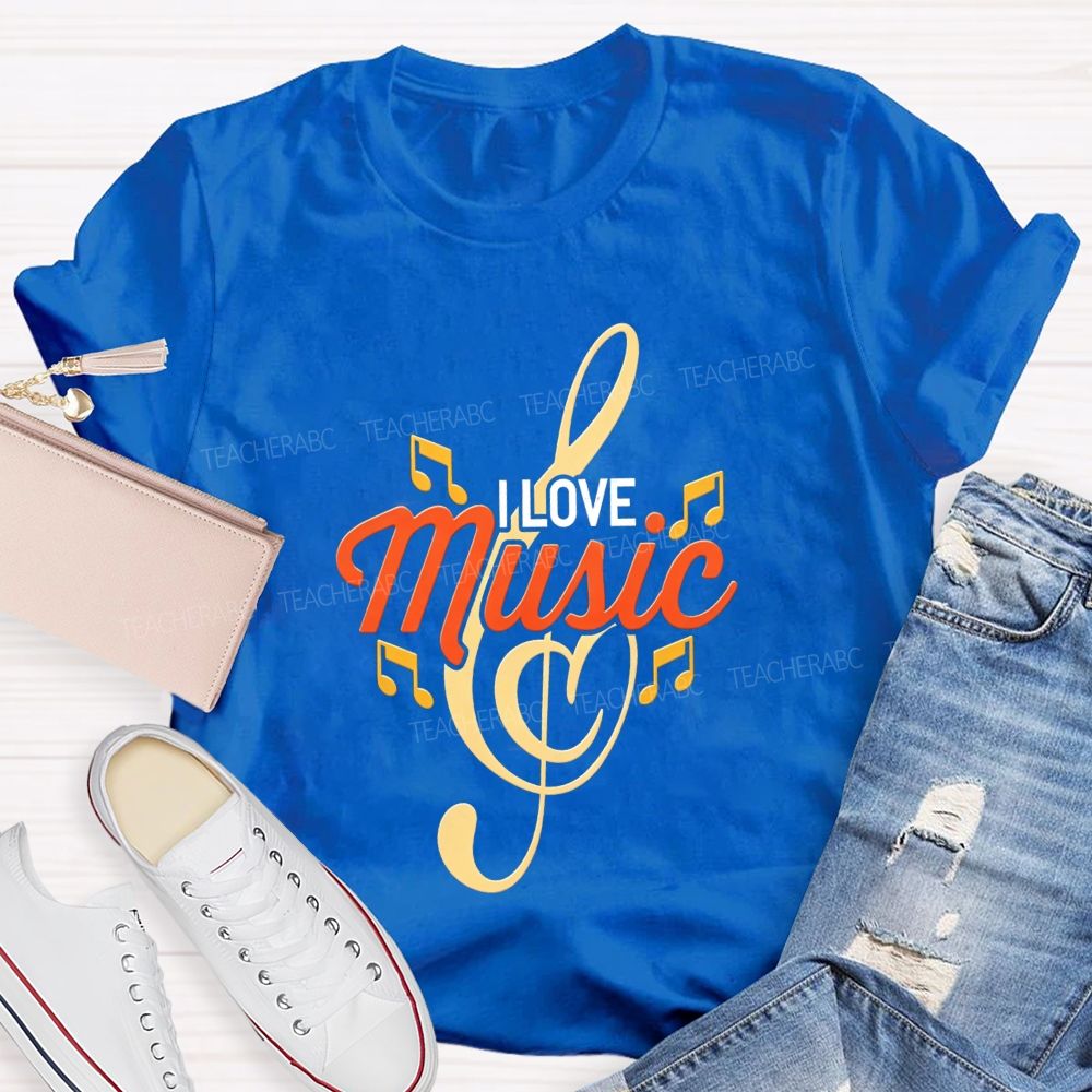 I Love Music Treble Clef Musical Notes Golden Graphic Sublimation T-shirt