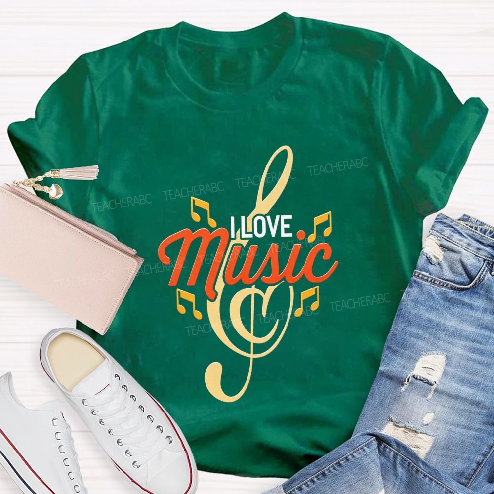 I Love Music Treble Clef Musical Notes Golden Graphic Sublimation T-shirt