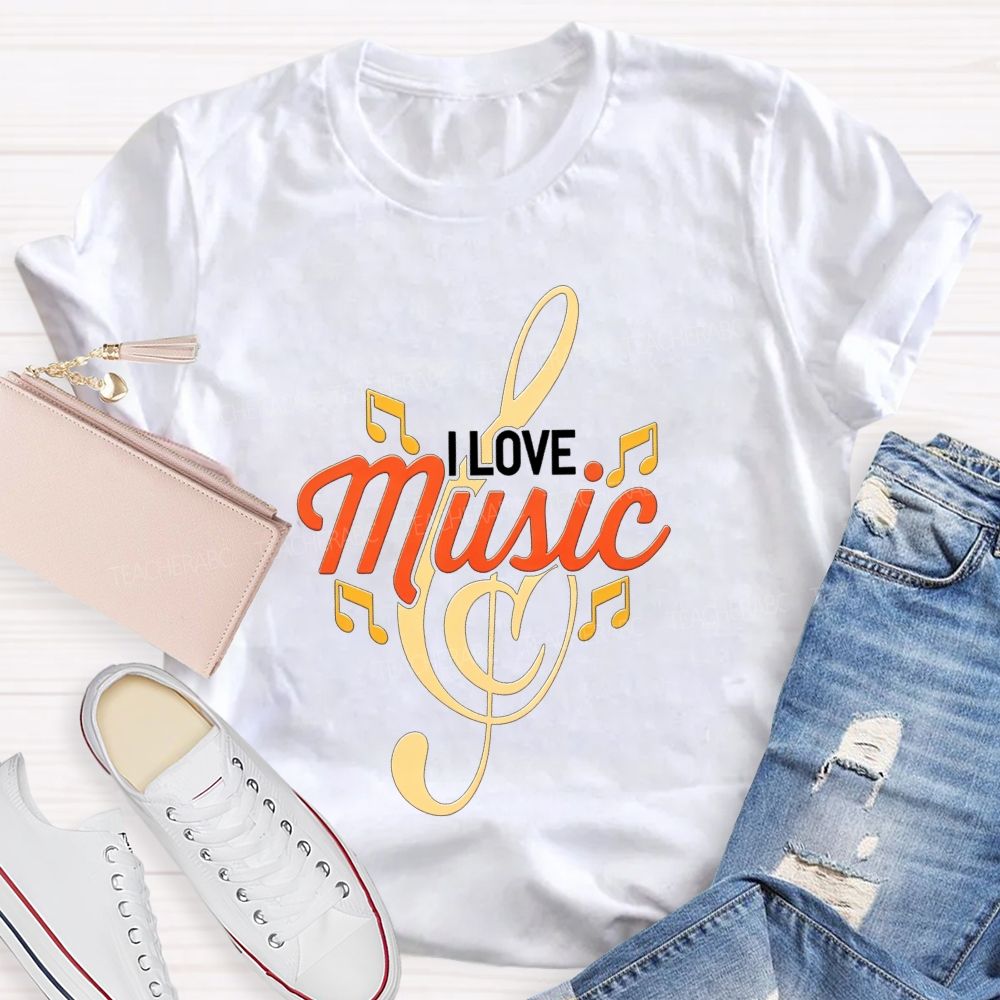 I Love Music Treble Clef Musical Notes Golden Graphic Sublimation T-shirt