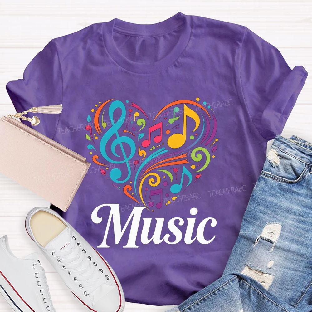 Colorful Heart Treble Clef Musical Notes Music Sublimation T-shirt