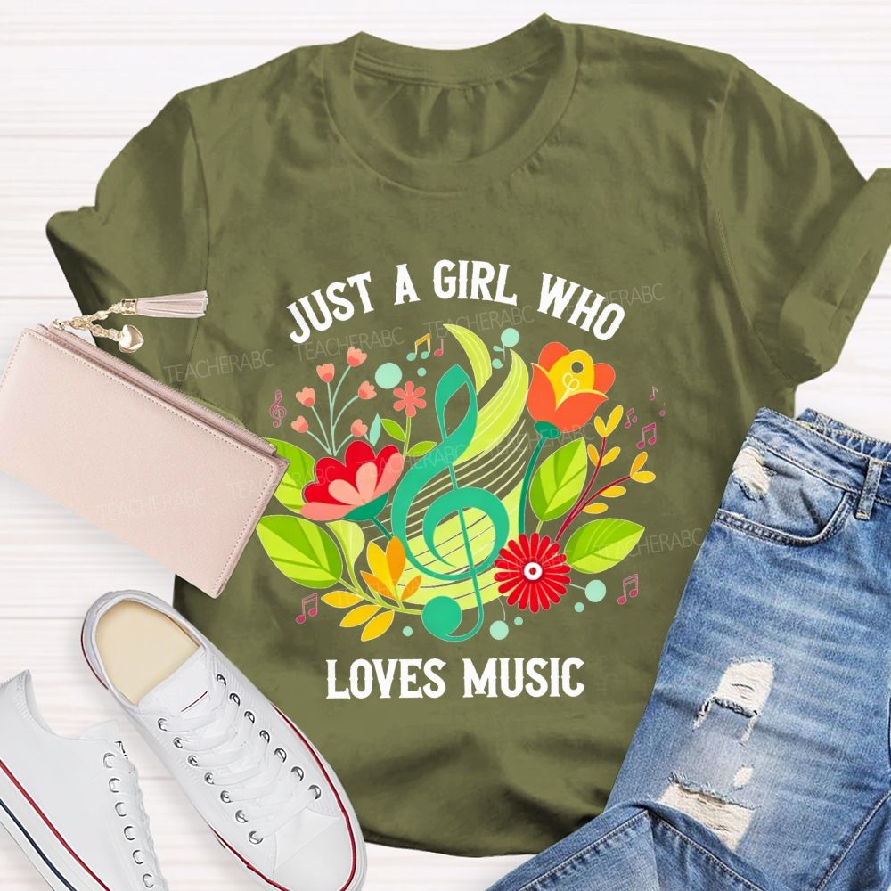 Just A Girl Who Loves Music Floral Treble Clef Musical Notes T-shirt