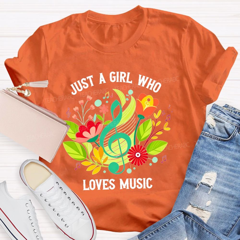 Just A Girl Who Loves Music Floral Treble Clef Musical Notes T-shirt