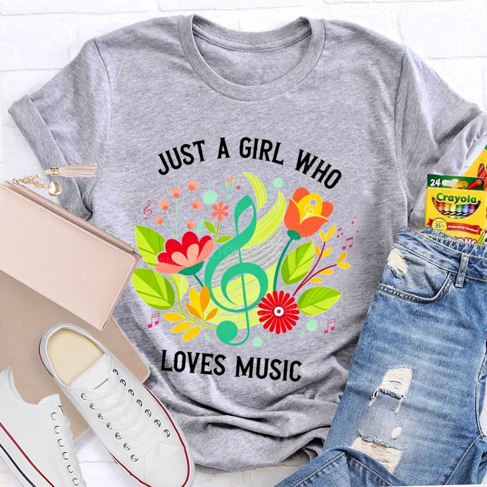 Just A Girl Who Loves Music Floral Treble Clef Musical Notes T-shirt