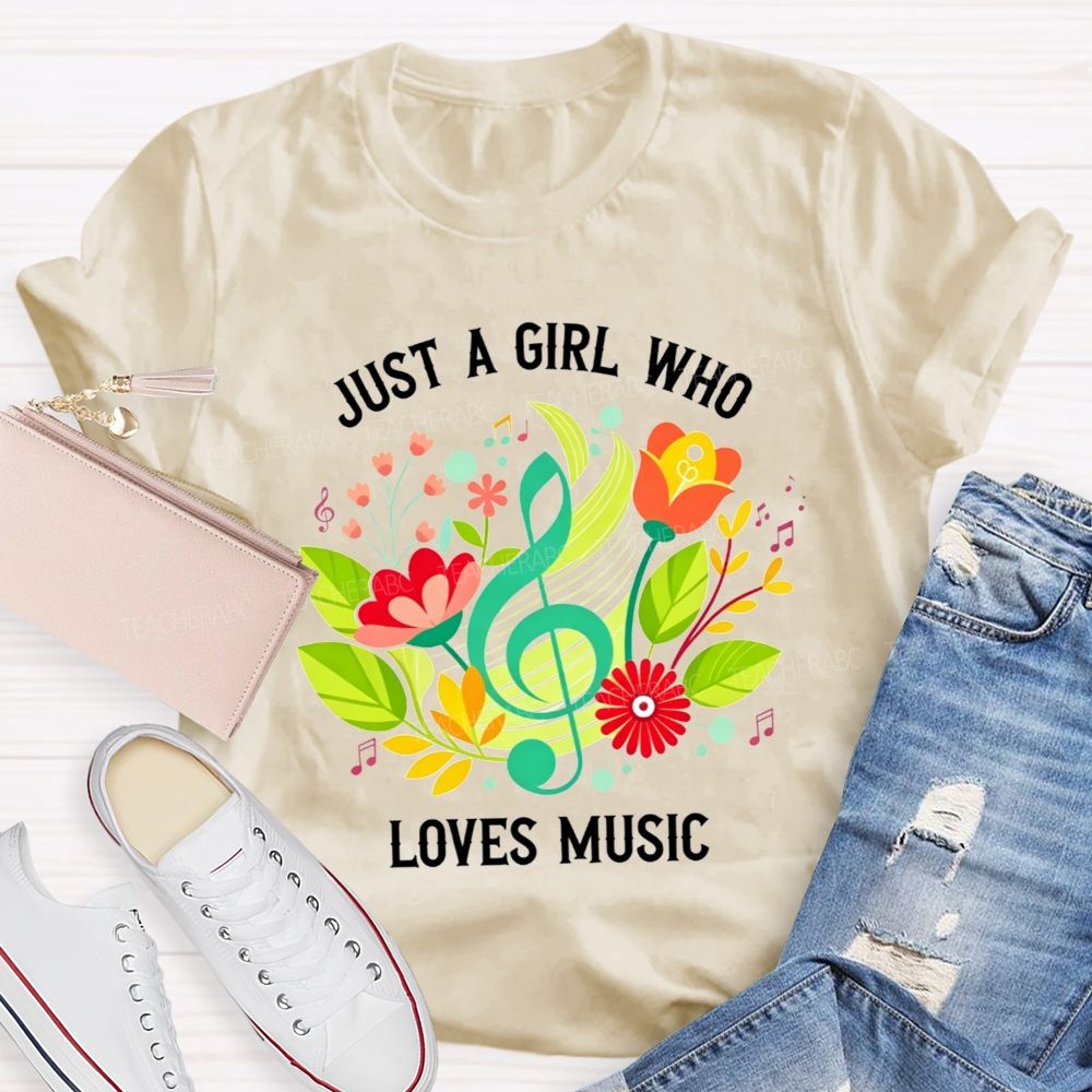 Just A Girl Who Loves Music Floral Treble Clef Musical Notes T-shirt