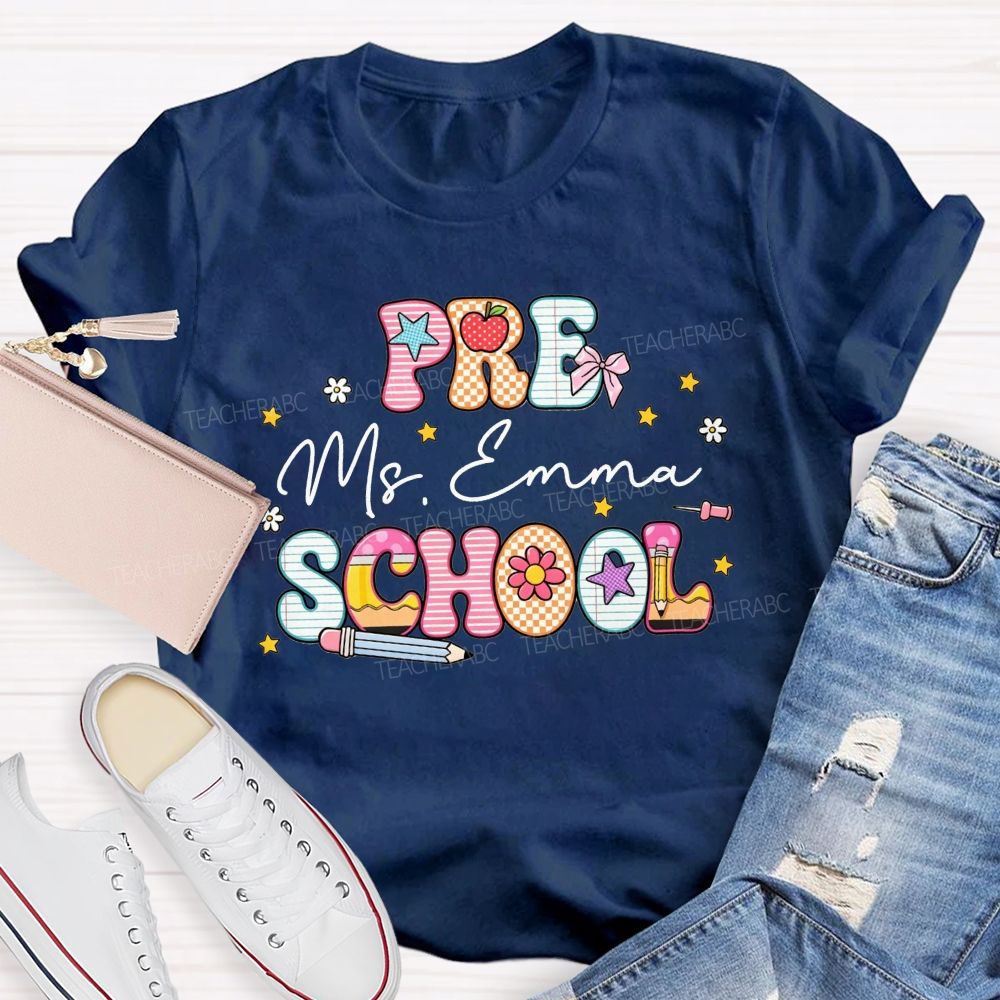 Personalized Name And Grade Pattern Letters Pencil Apple Bow Star Daisy Teacher T-shirt