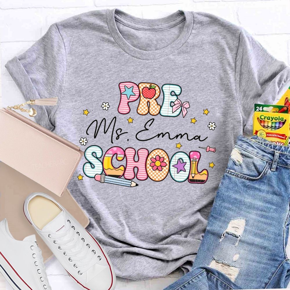 Personalized Name And Grade Pattern Letters Pencil Apple Bow Star Daisy Teacher T-shirt