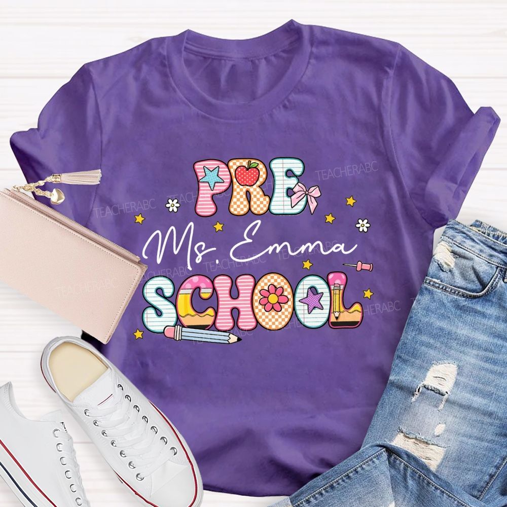 Personalized Name And Grade Pattern Letters Pencil Apple Bow Star Daisy Teacher T-shirt