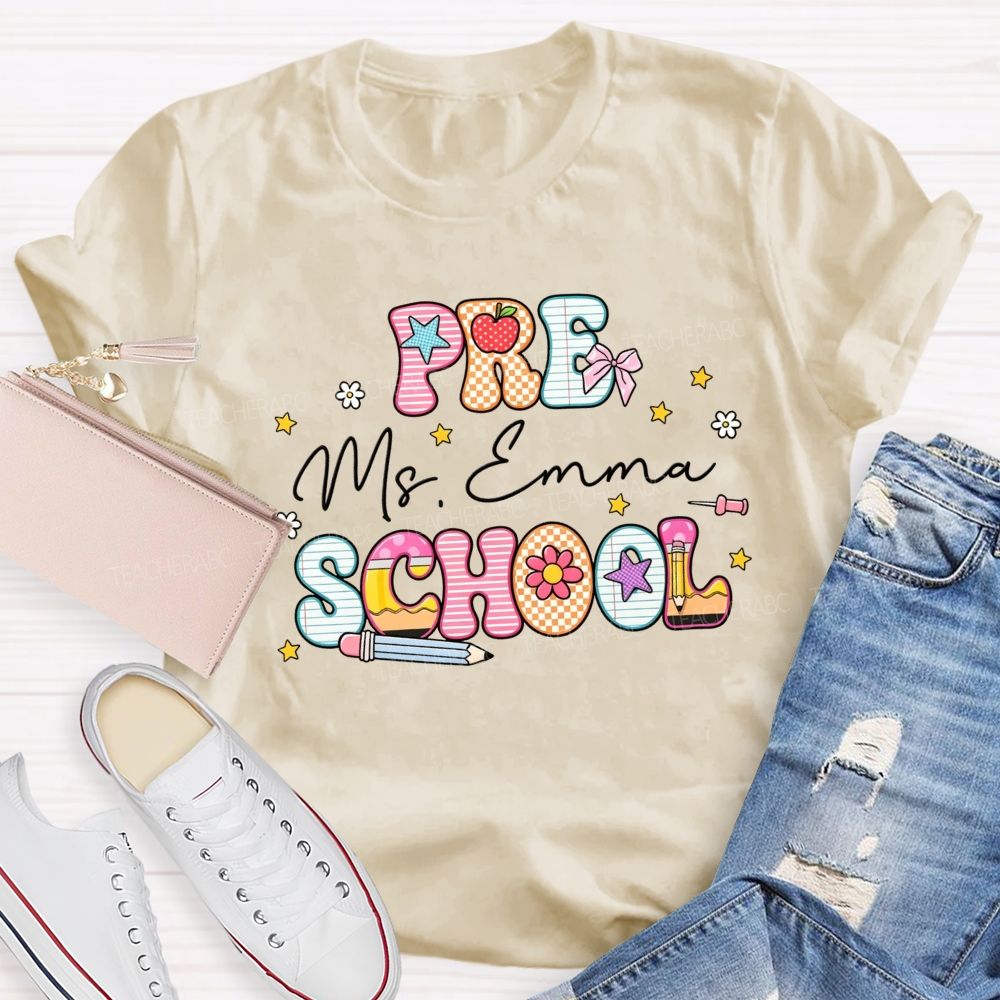 Personalized Name And Grade Pattern Letters Pencil Apple Bow Star Daisy Teacher T-shirt