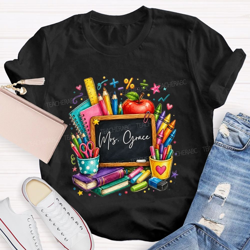 Personalized Name Teacher Watercolor School Supplies Apple Crayon Books T-shirt