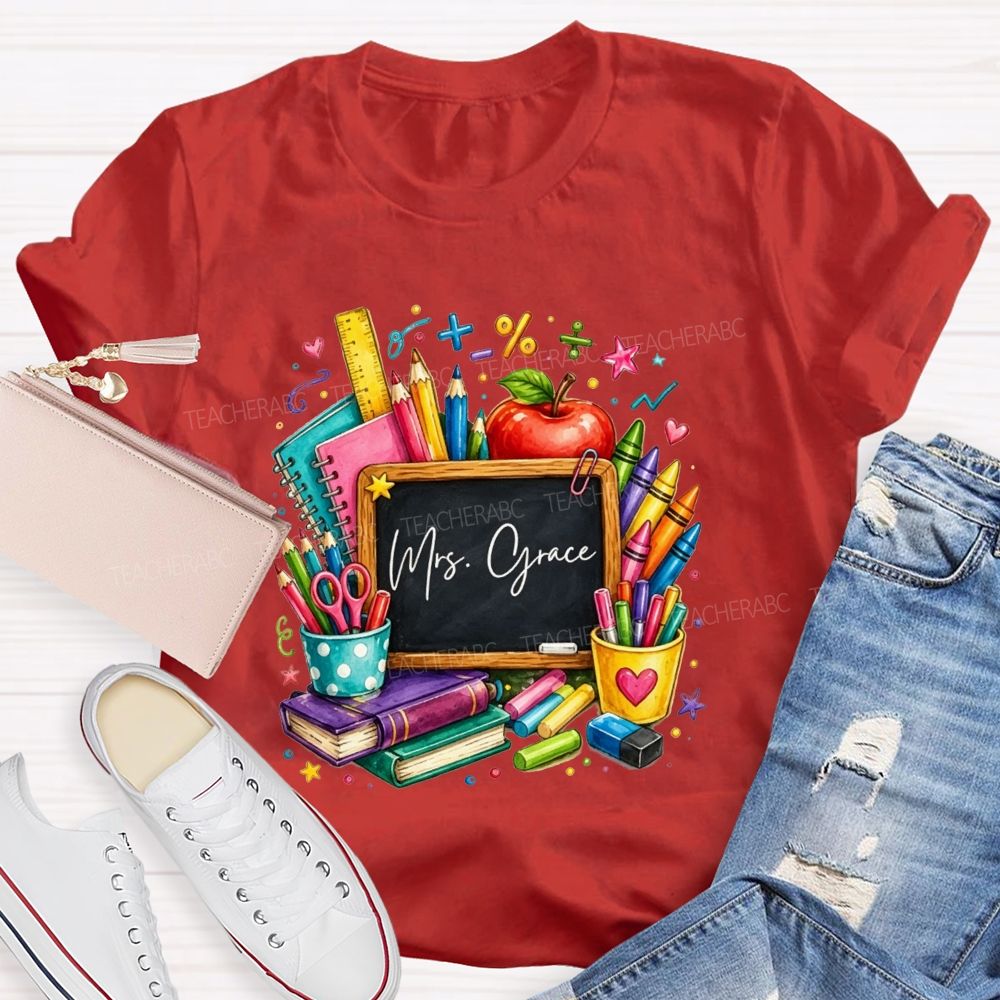 Personalized Name Teacher Watercolor School Supplies Apple Crayon Books T-shirt