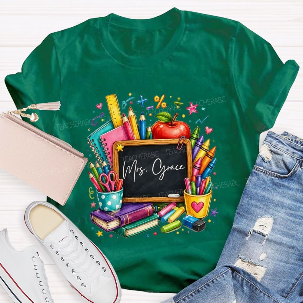 Personalized Name Teacher Watercolor School Supplies Apple Crayon Books T-shirt