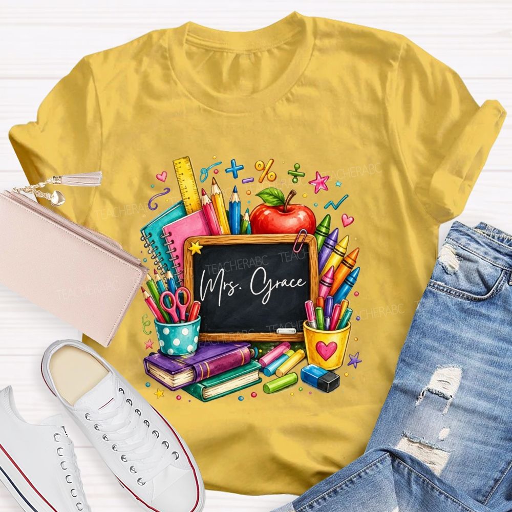 Personalized Name Teacher Watercolor School Supplies Apple Crayon Books T-shirt