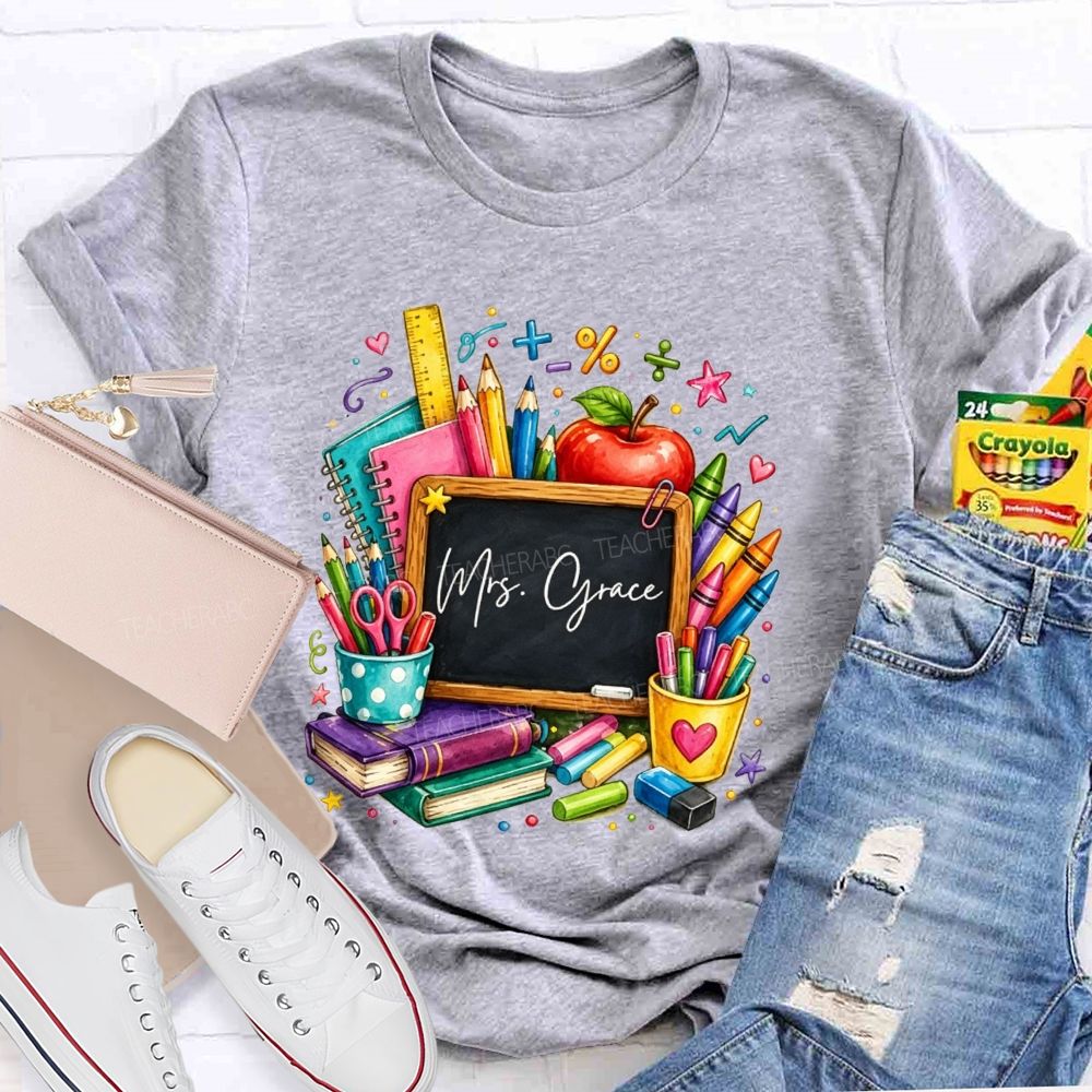 Personalized Name Teacher Watercolor School Supplies Apple Crayon Books T-shirt