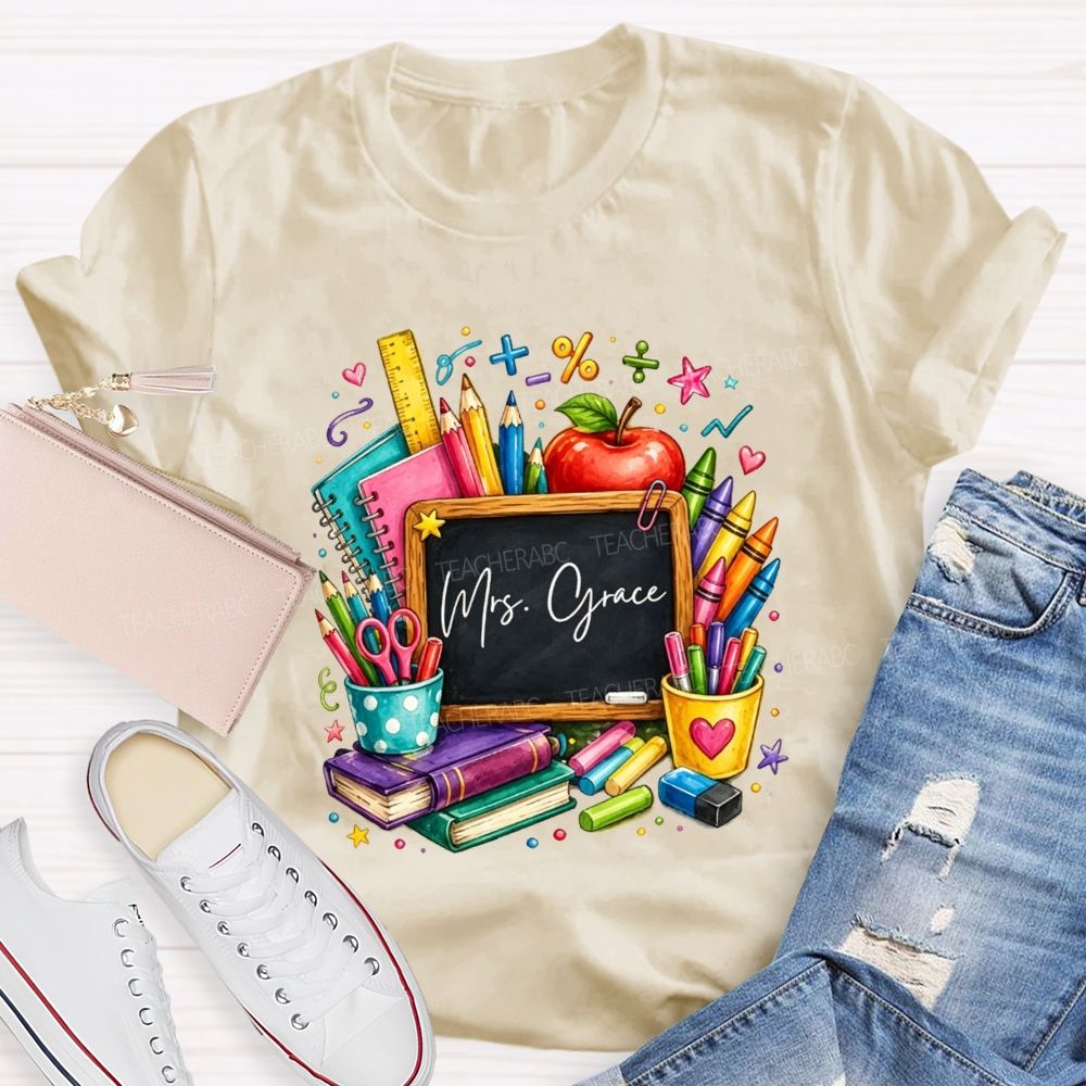Personalized Name Teacher Watercolor School Supplies Apple Crayon Books T-shirt