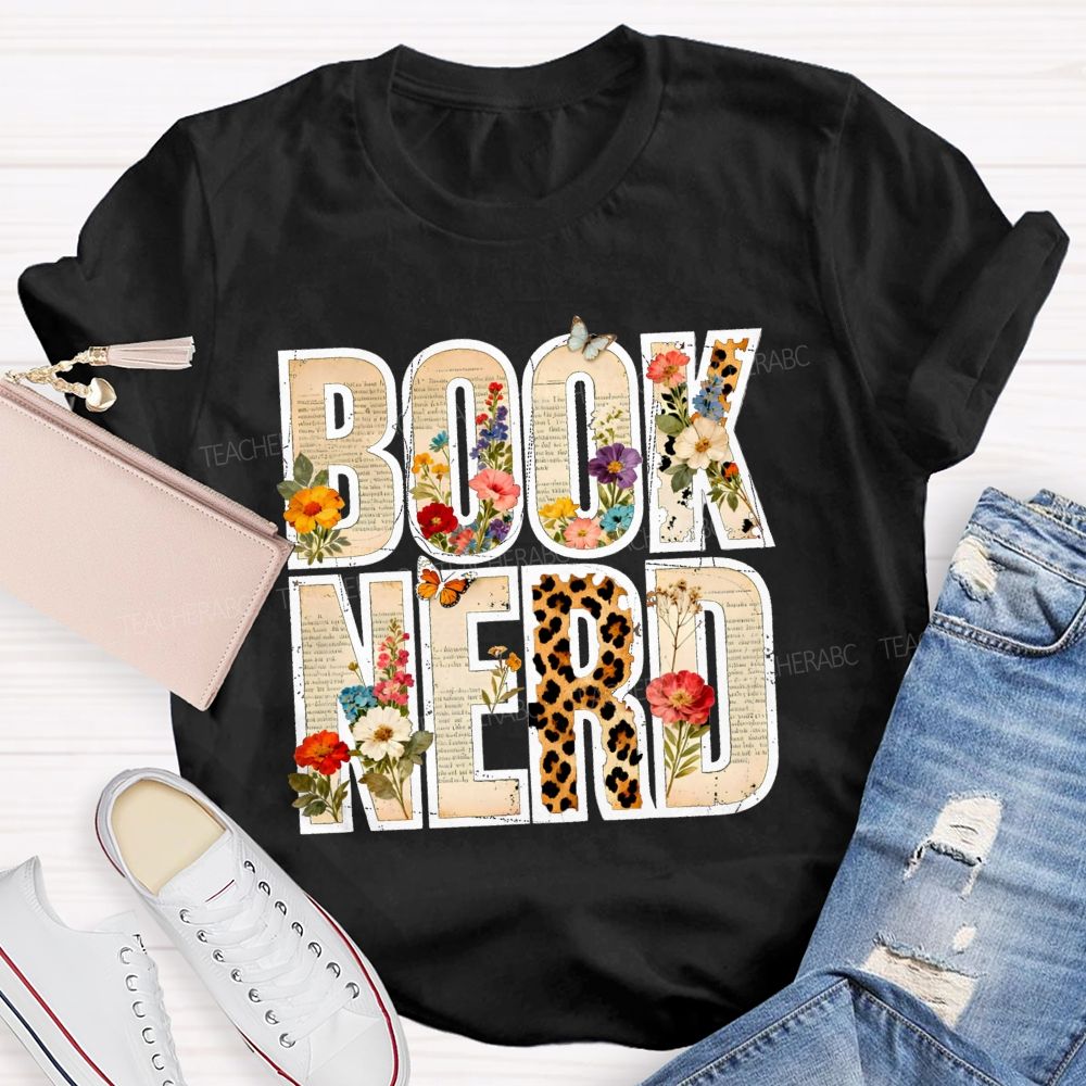 Book Nerd Leopard Flower Teacher T-shirt