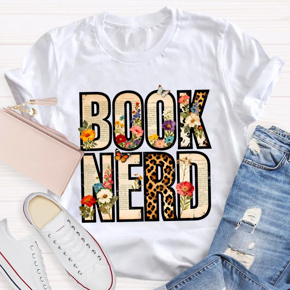 Book Nerd Leopard Flower Teacher T-shirt