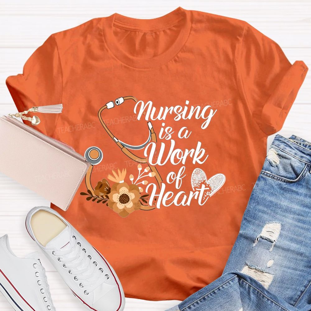Nursing Is A Work Of Heart Leopard Heart Teacher T-Shirt