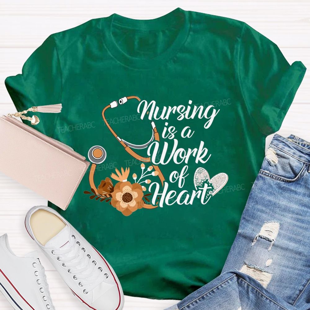 Nursing Is A Work Of Heart Leopard Heart Teacher T-Shirt