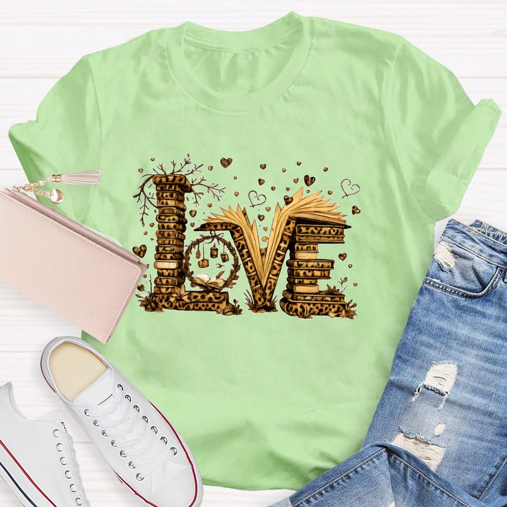 Love Book Vintage Leopard Printed Teacher T-shirt