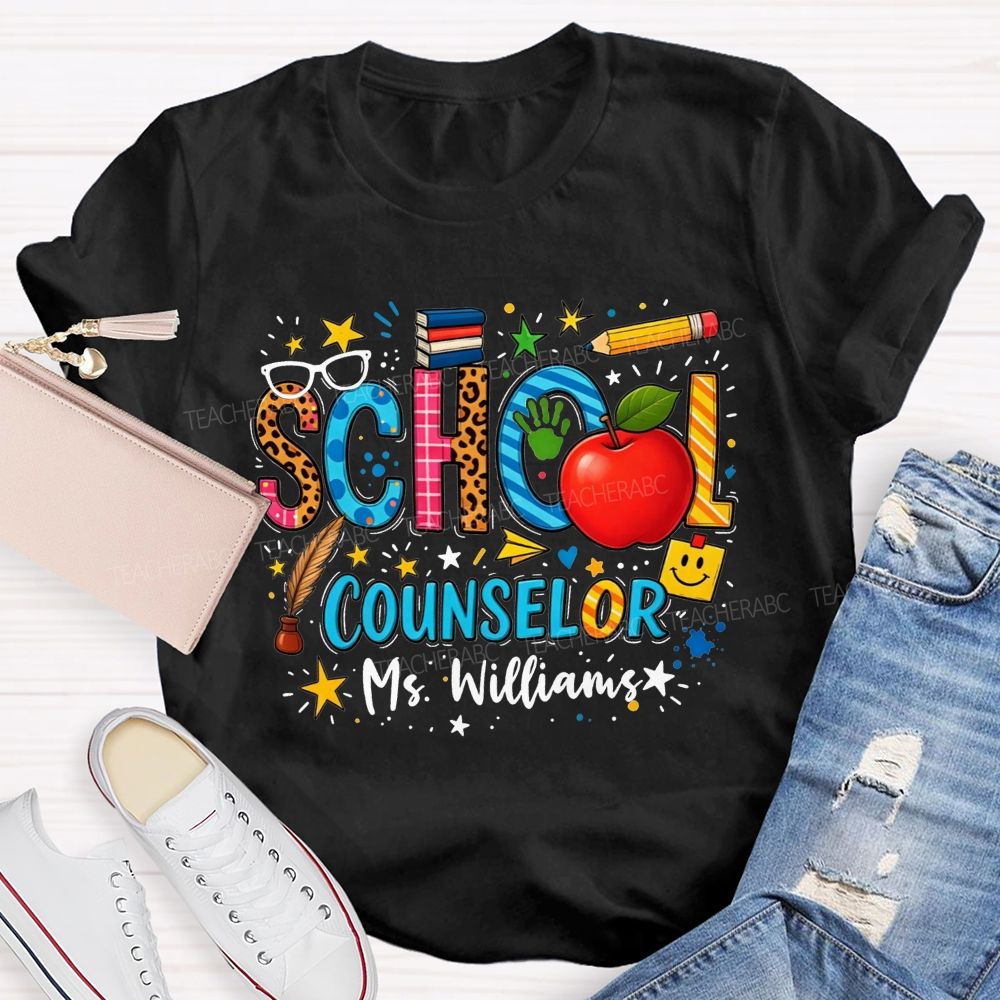 Personalized Name School Counselor Leopard Apple Pencil T-shirt
