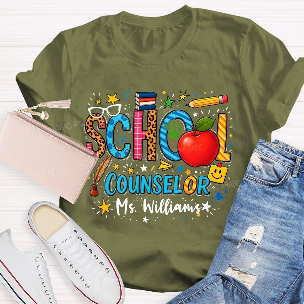 Personalized Name School Counselor Leopard Apple Pencil T-shirt