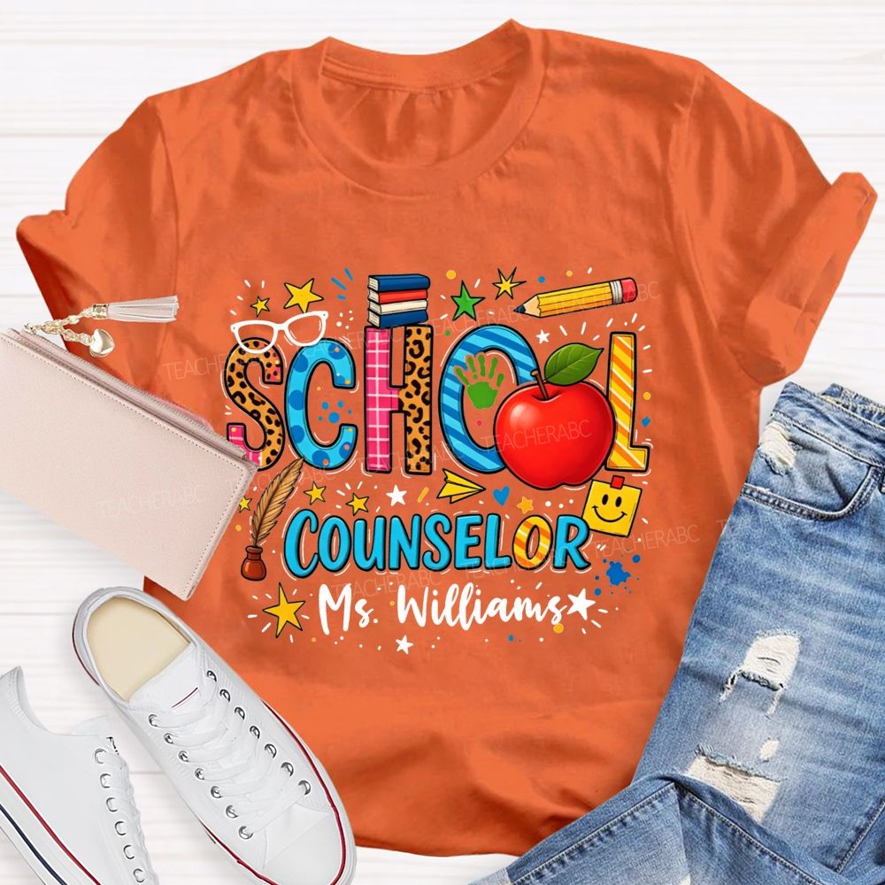 Personalized Name School Counselor Leopard Apple Pencil T-shirt