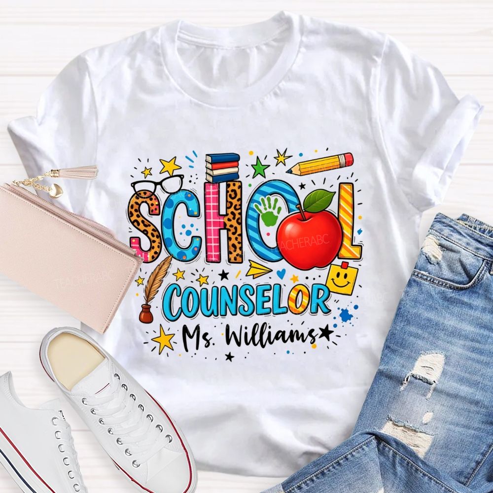 Personalized Name School Counselor Leopard Apple Pencil T-shirt