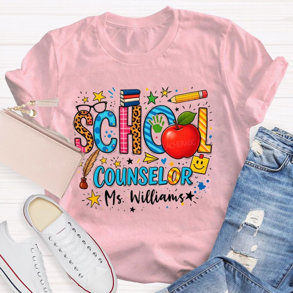 Personalized Name School Counselor Leopard Apple Pencil T-shirt