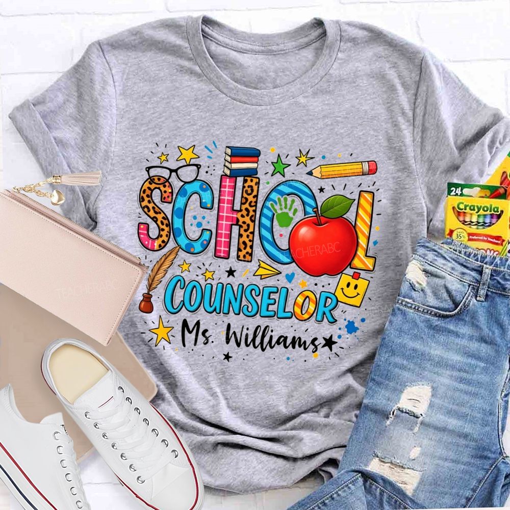 Personalized Name School Counselor Leopard Apple Pencil T-shirt