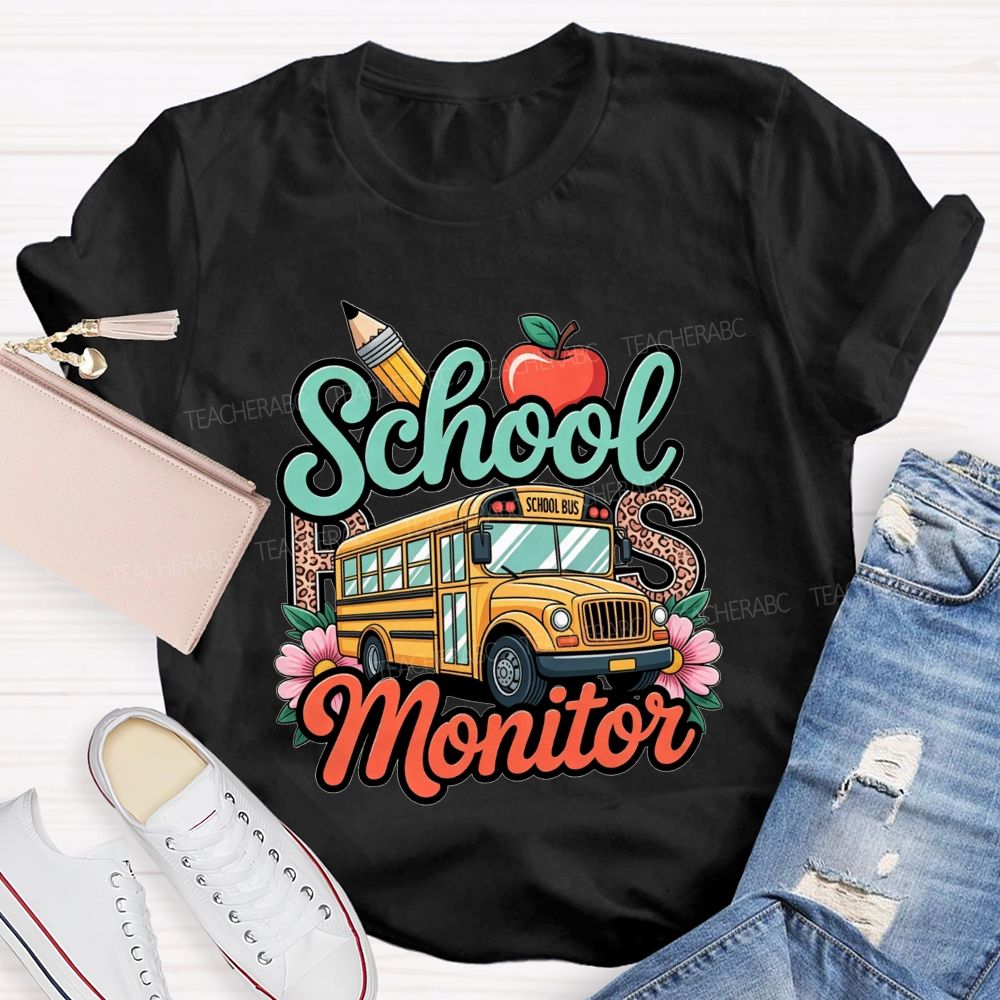 School Bus Monitor Leopard Floral T-shirt