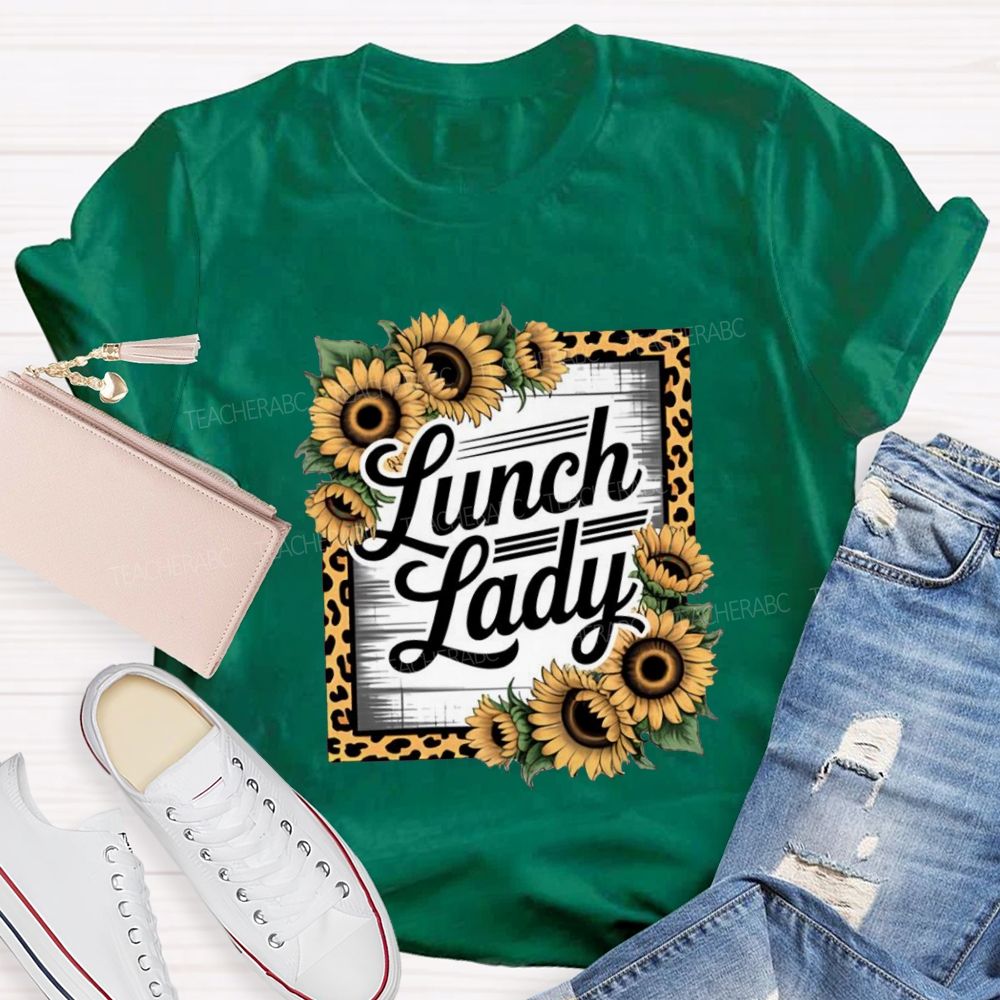 Leopard Sunflower Lunch Lady Teacher T-shirt