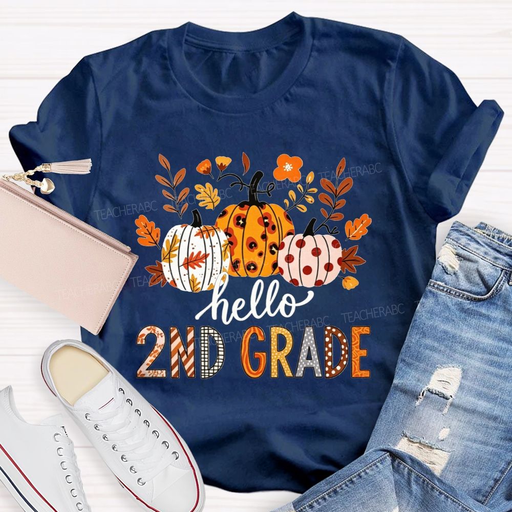Personalized Grade Hello 2nd Grade Fall Leopard Polka Dot Pumpkins Autumn T-shirt
