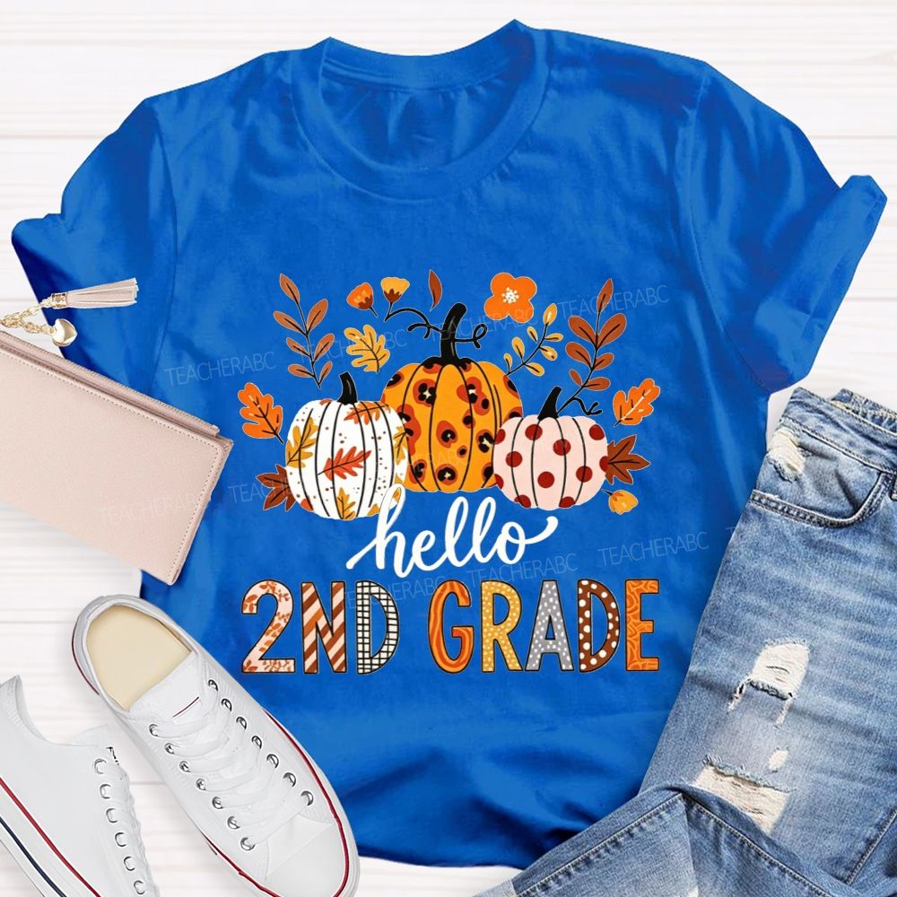 Personalized Grade Hello 2nd Grade Fall Leopard Polka Dot Pumpkins Autumn T-shirt