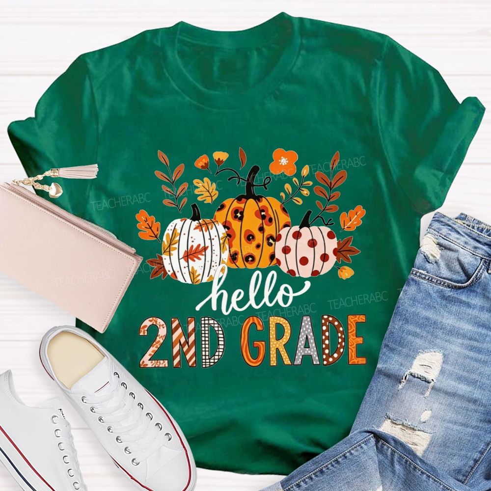Personalized Grade Hello 2nd Grade Fall Leopard Polka Dot Pumpkins Autumn T-shirt