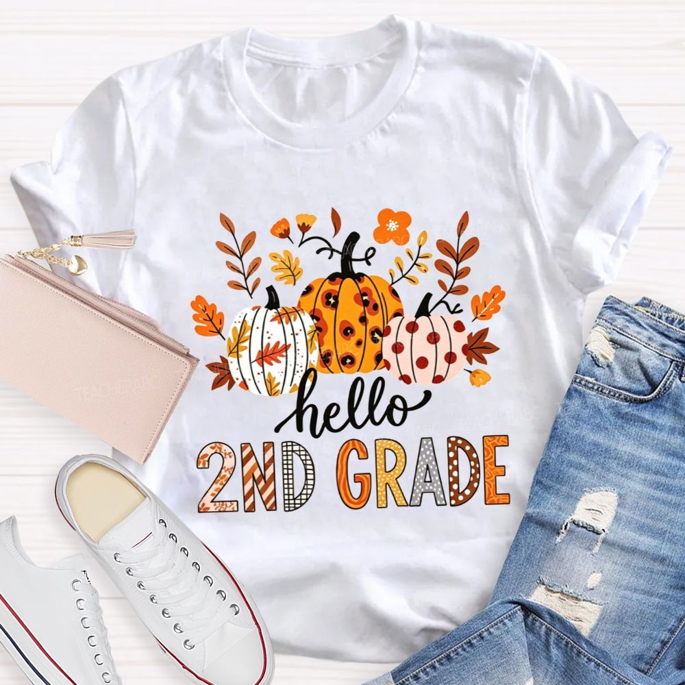 Personalized Grade Hello 2nd Grade Fall Leopard Polka Dot Pumpkins Autumn T-shirt