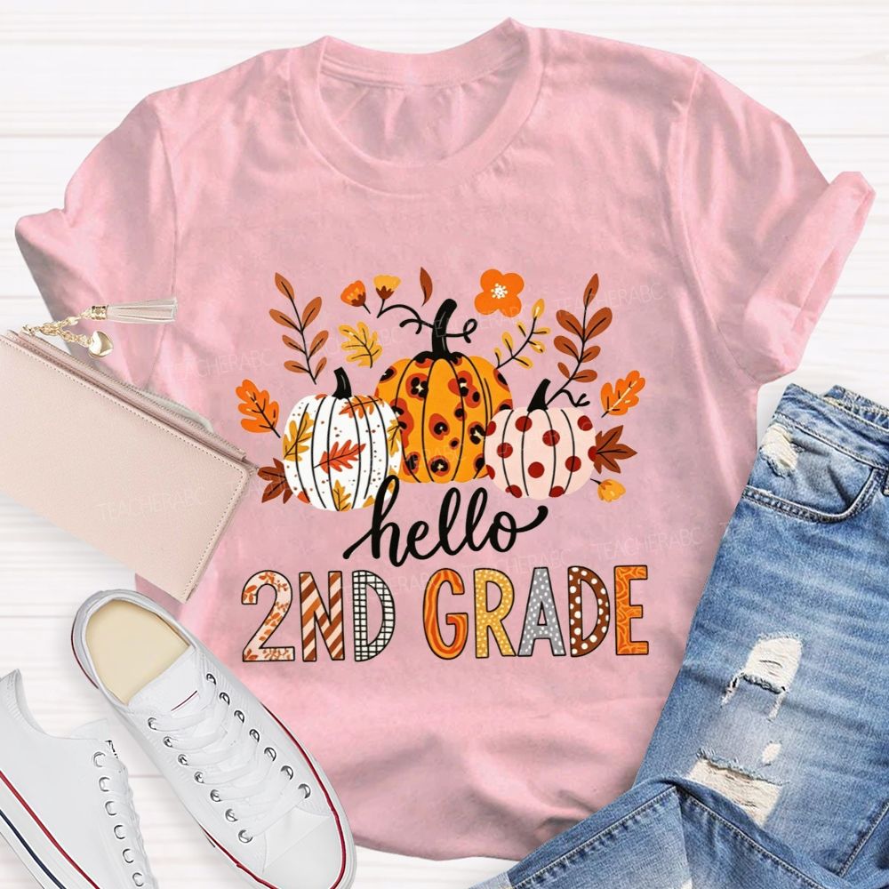 Personalized Grade Hello 2nd Grade Fall Leopard Polka Dot Pumpkins Autumn T-shirt