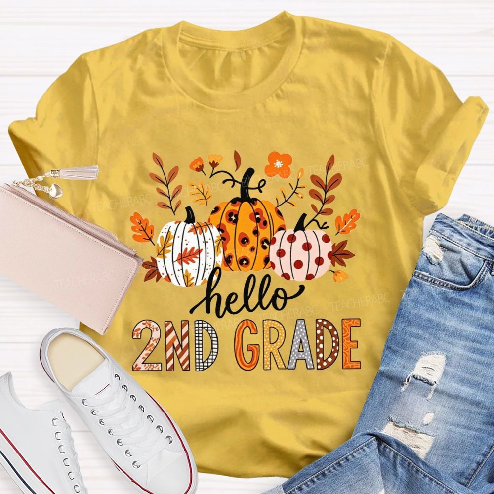 Personalized Grade Hello 2nd Grade Fall Leopard Polka Dot Pumpkins Autumn T-shirt