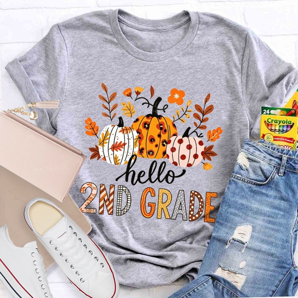 Personalized Grade Hello 2nd Grade Fall Leopard Polka Dot Pumpkins Autumn T-shirt