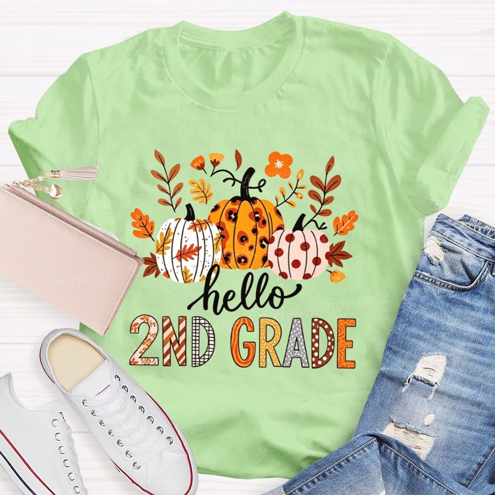 Personalized Grade Hello 2nd Grade Fall Leopard Polka Dot Pumpkins Autumn T-shirt