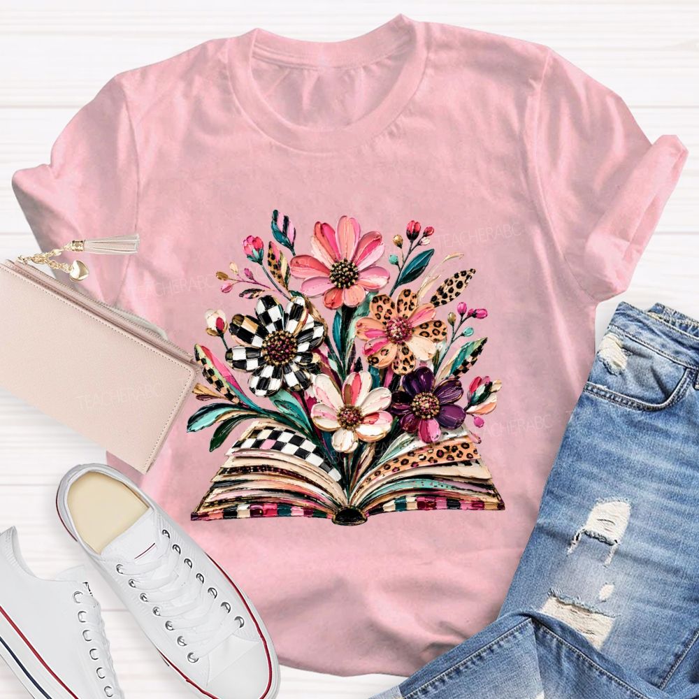 Floral Leopard Book Teacher T-shirt