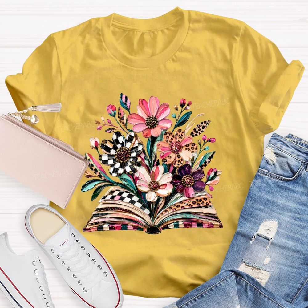 Floral Leopard Book Teacher T-shirt