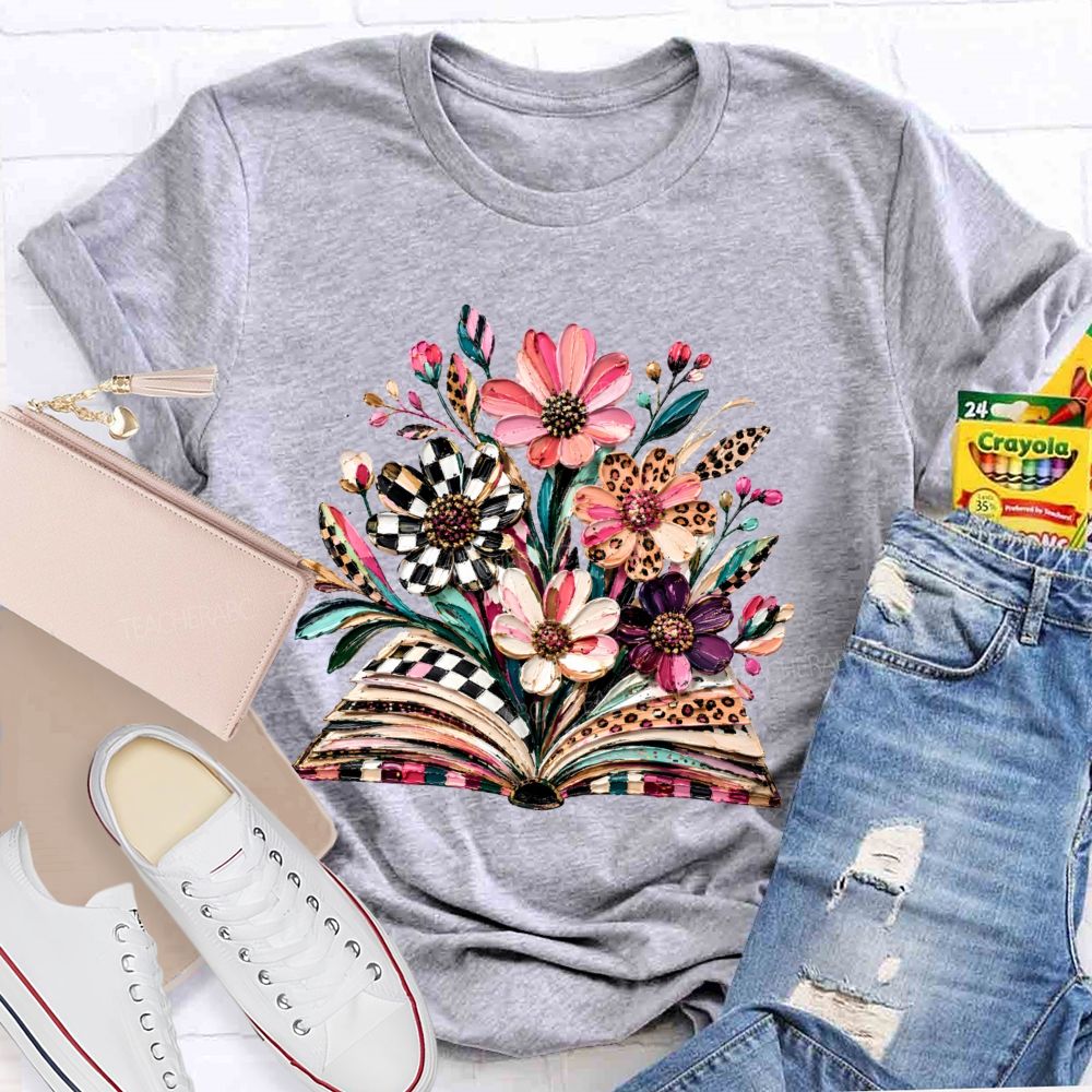 Floral Leopard Book Teacher T-shirt
