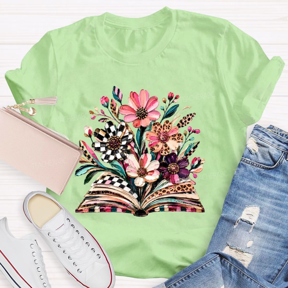 Floral Leopard Book Teacher T-shirt