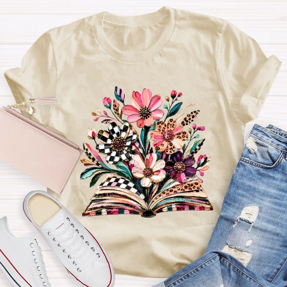 Floral Leopard Book Teacher T-shirt
