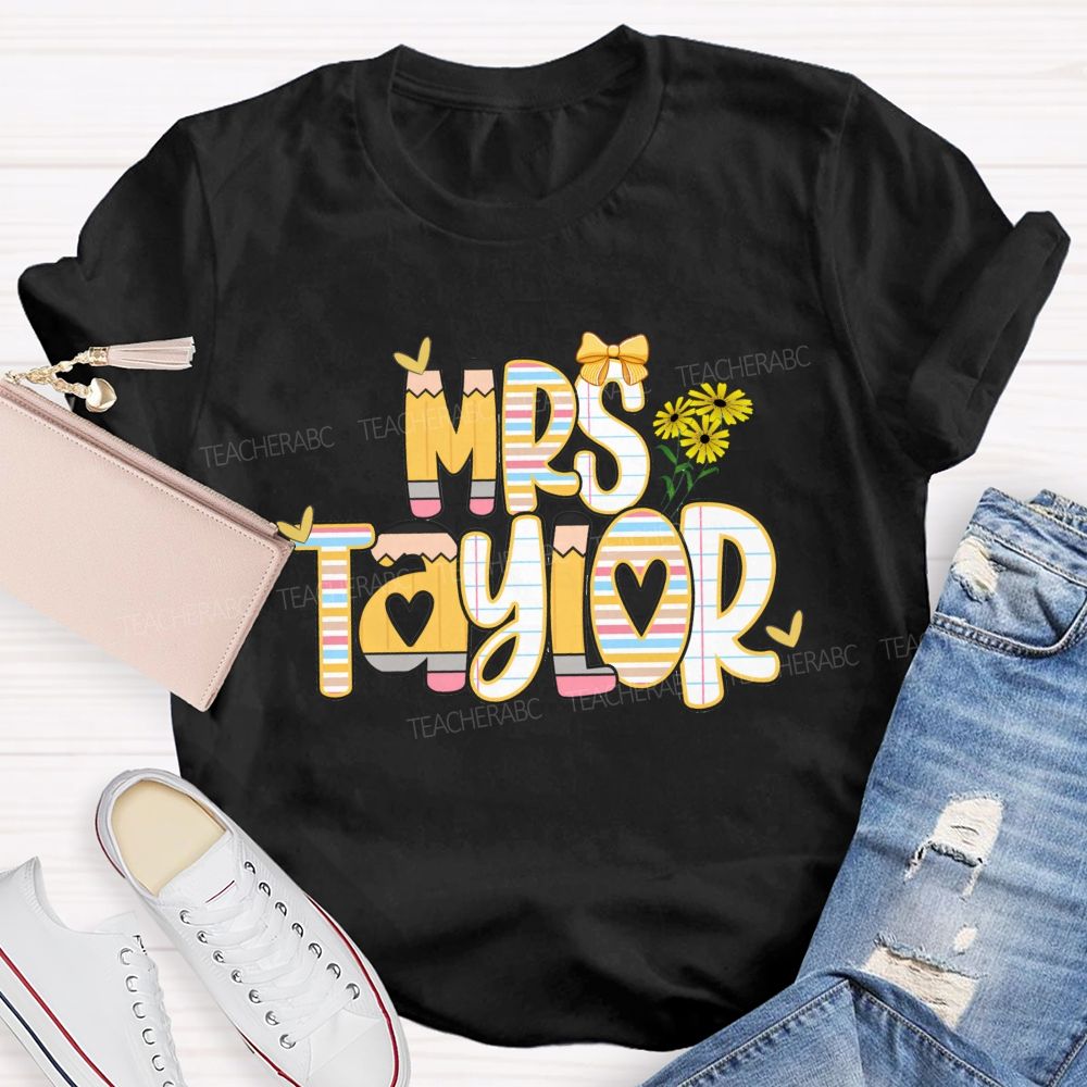 Personalized Name Bright Strip Heart Teacher T-Shirt