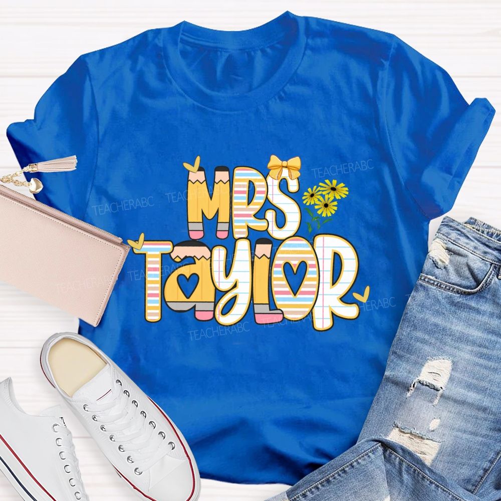 Personalized Name Bright Strip Heart Teacher T-Shirt